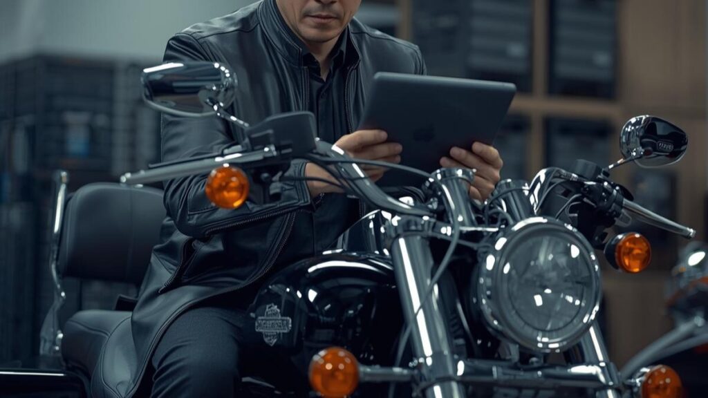 ガレージでタブレットを見ながら維持費を考える男性。ハーレーの車両保険は入るべきか検討するために、各社の保険料の相場を比較しているシーンです。