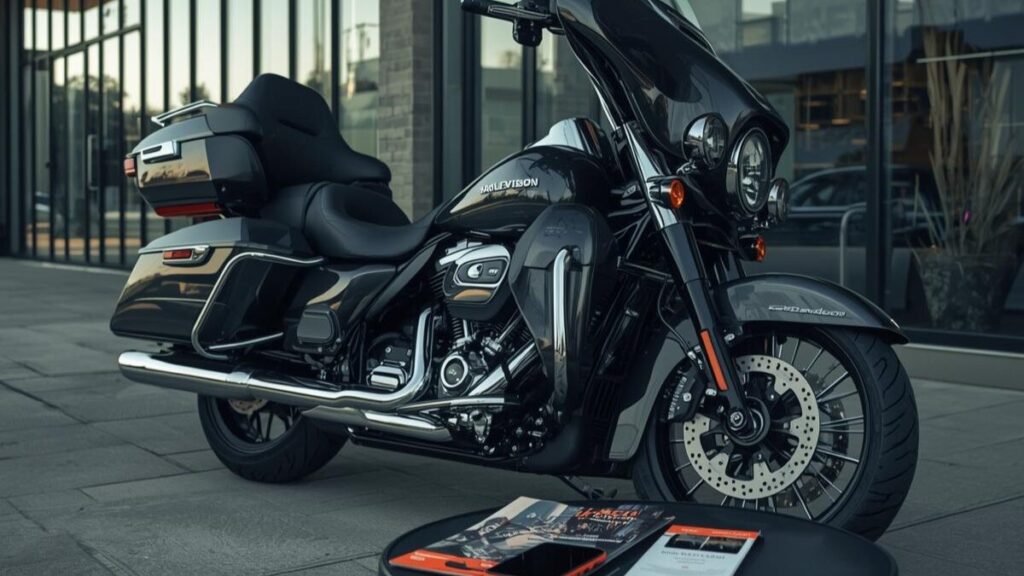 ビルを背景に置かれたバイクと保険の資料。東京海上やアクサなど、ハーレーの車両保険は入るべきか迷うオーナーが料金差を検討する場面をイメージしています。