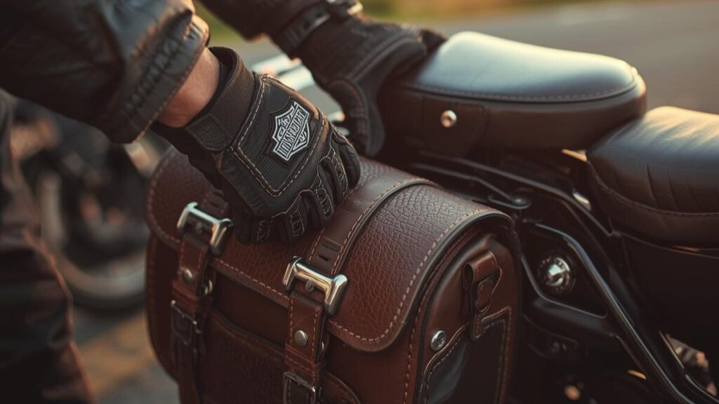 山道を背景に愛車の装備を整えるベテランライダーの手元。ハーレーの車両保険は入るべきか迷う方に向けた、自分に最適なプラン選びを表現した写真です。