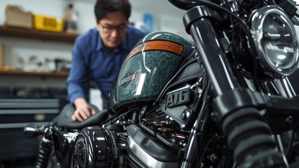 ガレージで自分好みにカスタムされたスポーツスター。豊富なパーツで個性を追求できる魅力を伝え、スポーツスターはハーレーじゃないという声を覆す独自の美しさを描きます。