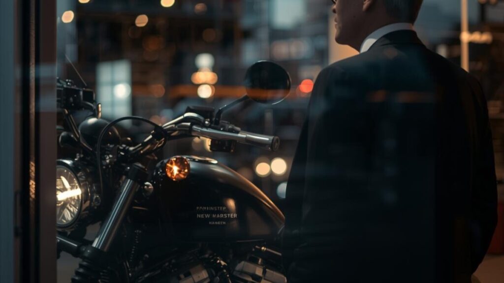 夜のショールームで最新バイクを眺めるライダー。スポーツスターはハーレーじゃないといった噂や、近年のブランド戦略による人気動向の真相を客観的に紐解きます。