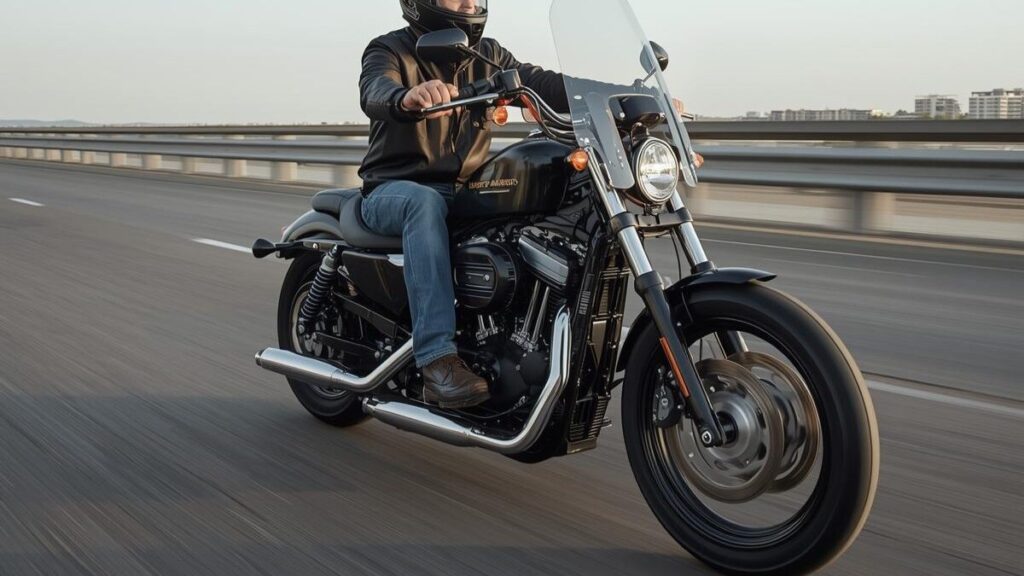 高速道路を安定して走行するスクリーン装備のスポーツスター。スポーツスターはハーレーじゃないという声に対し、風圧対策などの工夫で走行性能を向上させる様子です。