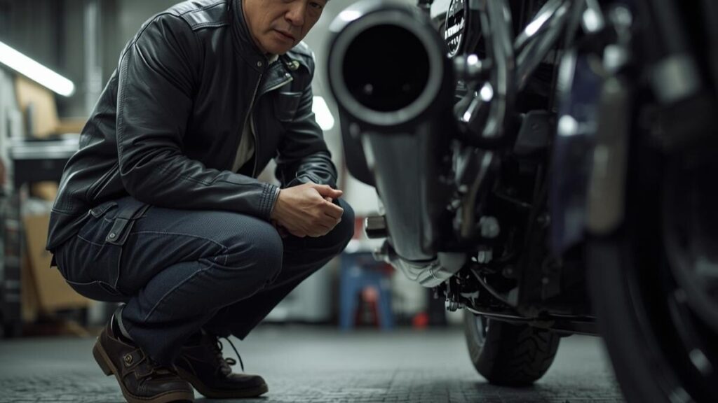 ガレージで排気系の状態を真剣に確認する50代の日本人男性。ハーレーの車検対応マフラーの基準や、検査で不合格にならないためのポイントを解説するイメージ画像です。