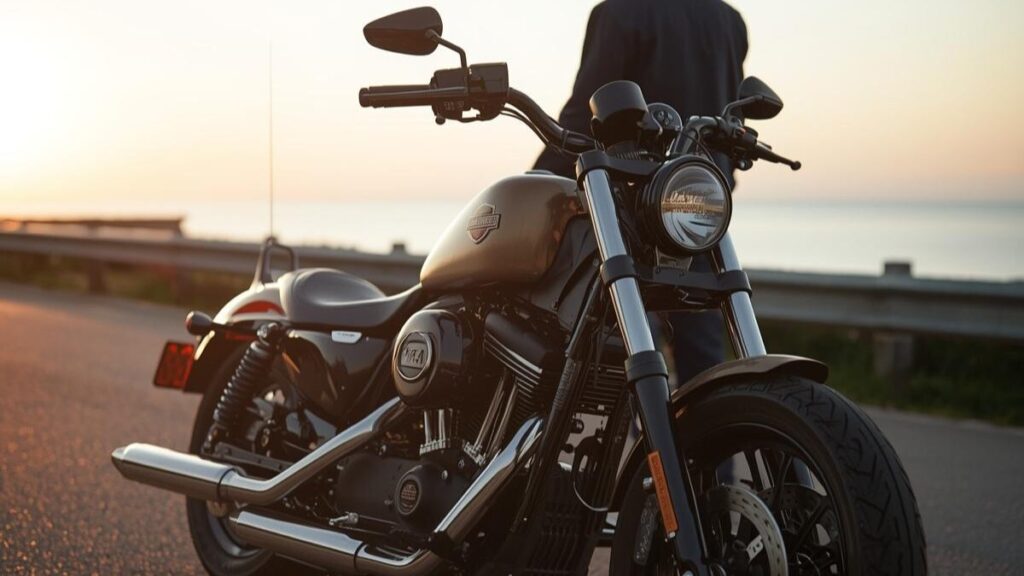 夕暮れの海岸沿いに佇むバイクとライダー。音の迫力と法規制のバランスを考慮した、ハーレーの車検対応マフラーの重要性を象徴するプロフェッショナルな写真です。