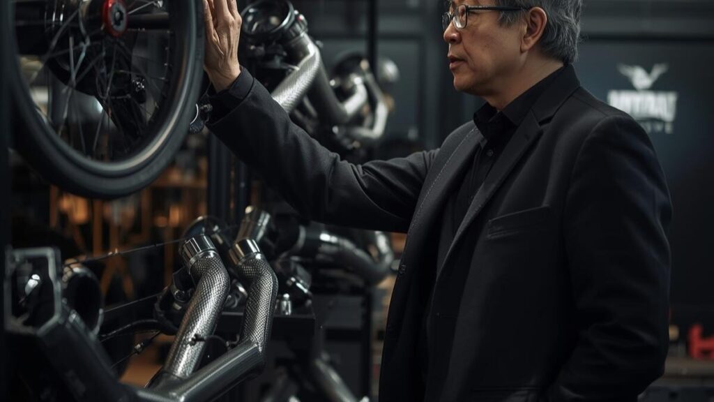 カスタムショップでパーツを慎重に吟味する大人のライダー。後悔しないためのハーレーの車検対応マフラー選びと、製品の品質を確認する様子を描いた画像です。