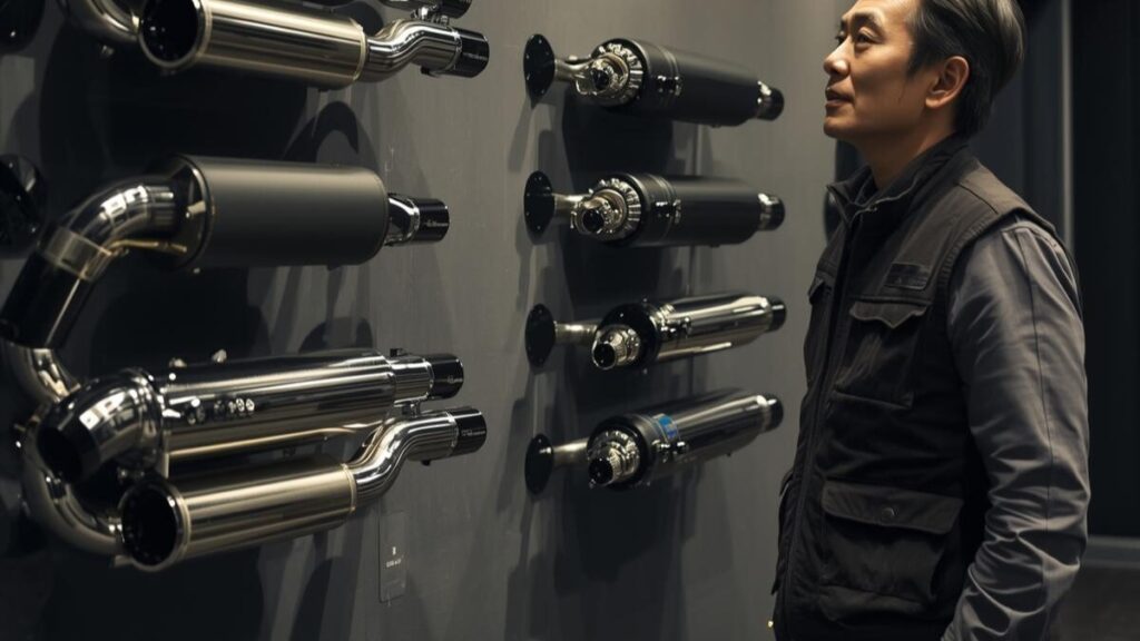 洗練されたショールームで一流ブランドの製品を吟味する60代の男性。自分に最適なハーレーの車検対応マフラーを選択するための、信頼できるメーカー選びをイメージしています。