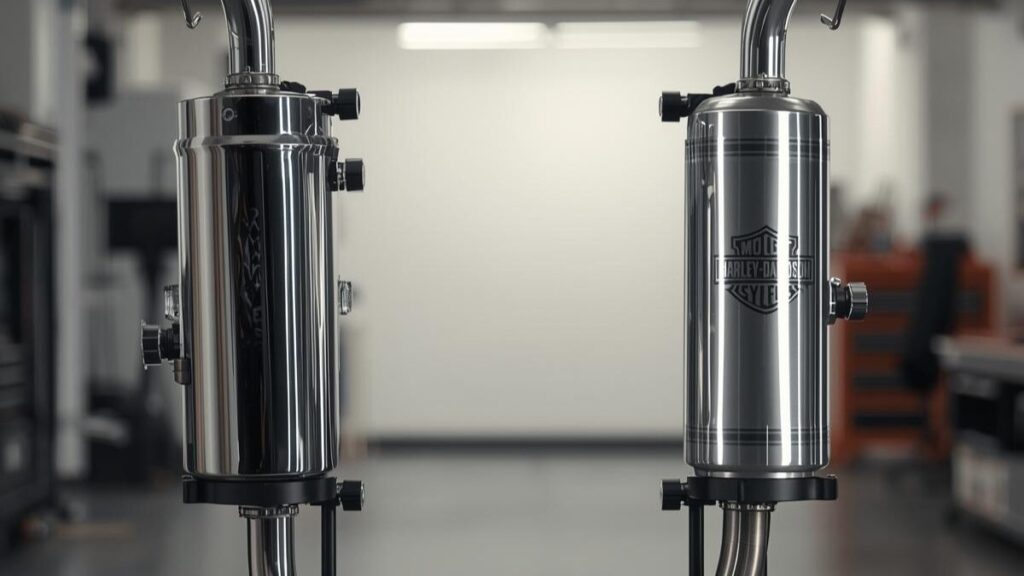 対照的なデザインを持つ2つの排気システムを並べた比較写真。人気ブランドごとの特性を視覚的に対比させ、理想のハーレーの車検対応マフラーを見つけるための参考画像です。