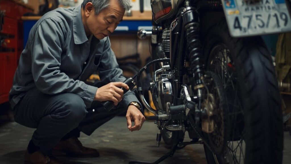 ガレージで中古スポーツスターの状態を確認する50代の男性。中古車購入時や交換時に注意すべき、ハーレーの車検対応マフラーの確認作業を丁寧に描写しています。