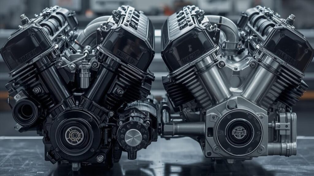 新旧エンジンの構造差と排気システムの接続部を並べたクローズアップ写真。世代ごとに異なるハーレーの車検対応マフラーの適合性と進化を伝えるプロフェッショナルな画像。