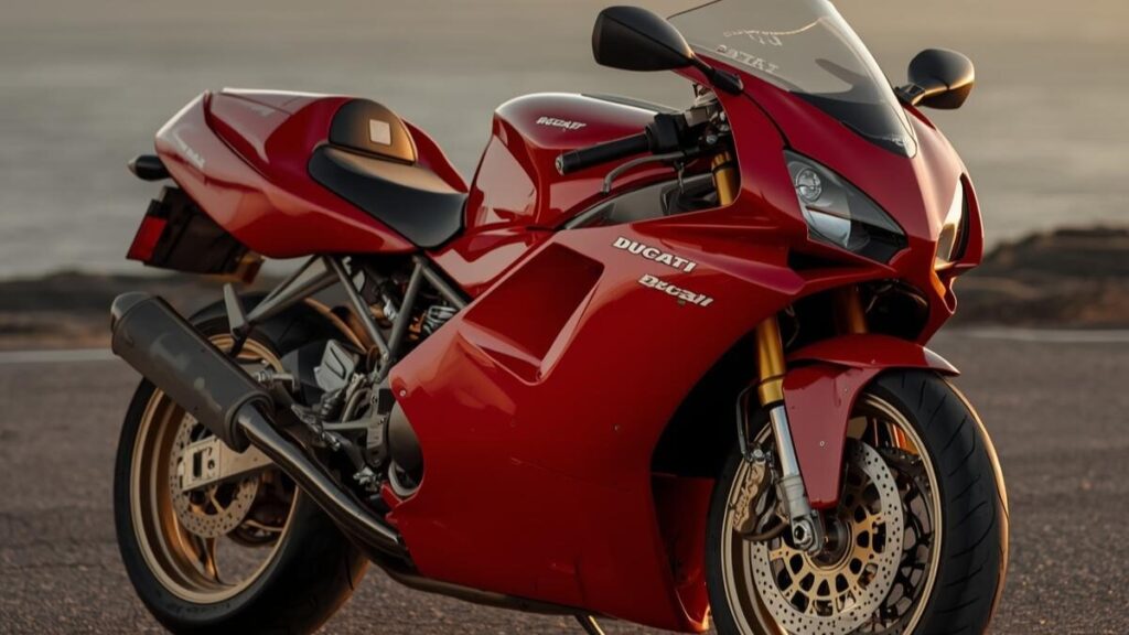 夕暮れの海岸沿いに佇む赤い車体が美しい、ドゥカティ996の魅力と存在感を象徴する一枚。中古市場での価格や情報の解説記事にふさわしい、洗練された雰囲気の画像。