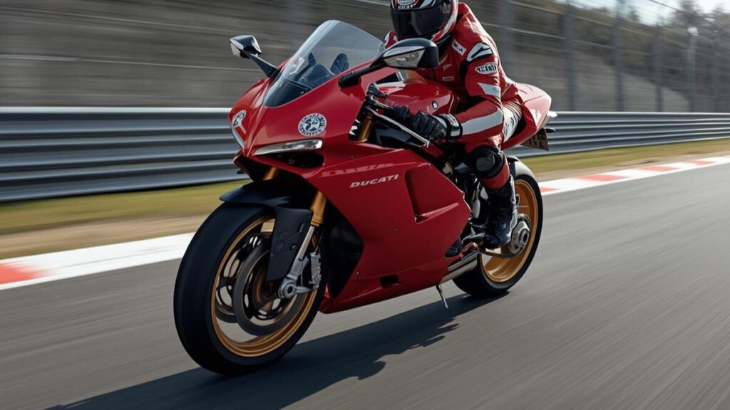 サーキットのストレートを高速で疾走するライダーとマシン。基本スペックの高さと最高速への期待を感じさせる、パフォーマンスに特化したドゥカティ996の魅力的な走行シーン。