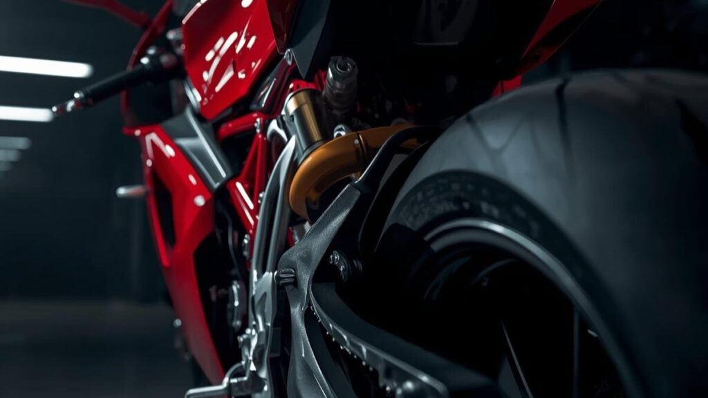 特徴的なトレリスフレームや片持ちスイングアームなど、秀逸な車体設計が光る細部のクローズアップ。不変のデザイン性を誇るドゥカティ996の魅力を捉えた造形美。