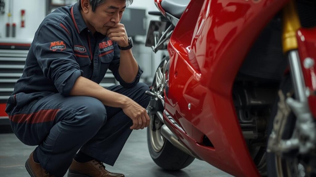 ガレージでエンジンの造形を確認する男性の姿。後継機998との違いやエンジンの特性を比較検討するシーンを通じて、メカニカルな側面からドゥカティ996の魅力を再確認する様子。