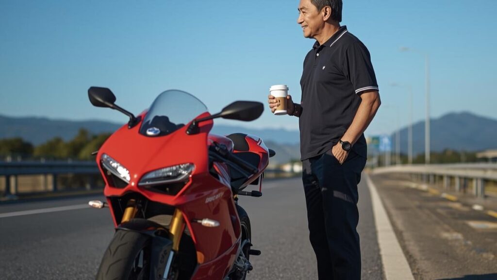 ツーリングの休憩中に愛車を眺めて満足げな表情を浮かべるオーナー。ユーザー評価の高さや所有する喜びなど、オーナー目線でのドゥカティ996の魅力を描写。