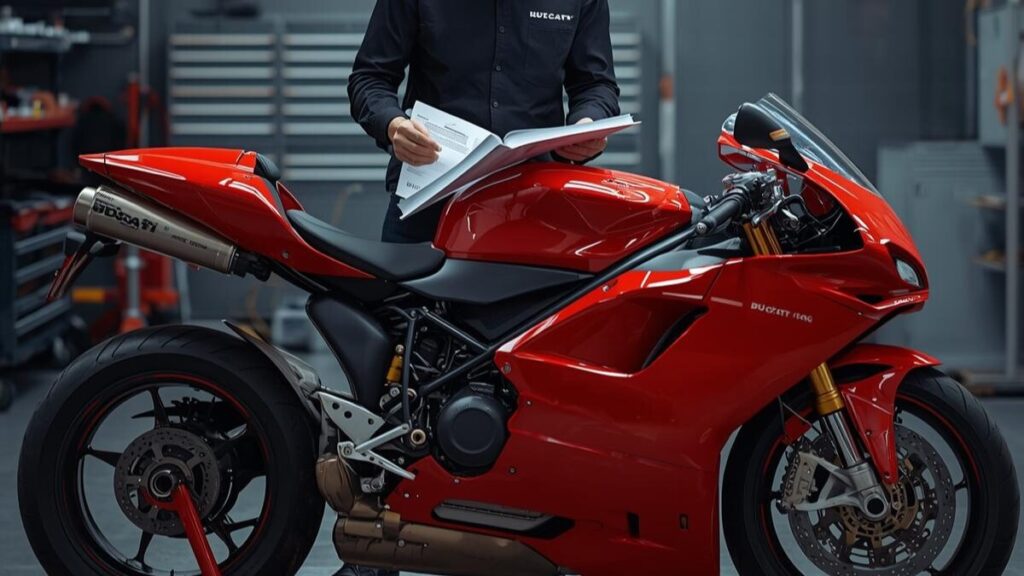 ショップで車両の整備記録簿を入念に確認する様子。個体ごとのコンディションや履歴を見極めることは、中古市場におけるドゥカティ996の魅力を正しく理解するために重要。