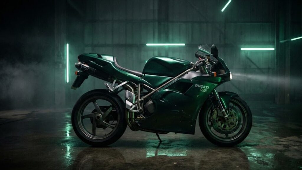 映画の世界観を反映したダークグリーンのボディカラー。通常モデルの赤とは異なるクールな佇まいが、希少な限定車としてのドゥカティ996の魅力を際立たせている。