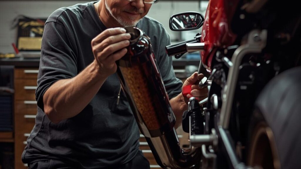 ガレージで愛車にカスタムパーツを取り付けようとするオーナー。自分だけの一台に仕上げていくプロセスも、ドゥカティ996の魅力を深く味わうための楽しみ方の一つ。