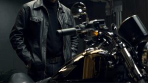 50代の日本人オーナーが、愛車のガレージでハーレーのインジェクションで三拍子を出すための調整をプロに相談している風景。