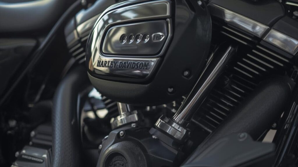 ハーレーのインジェクションで三拍子の独特なリズムを生み出す、V型2気筒エンジンの造形美を強調したマクロ撮影カット。