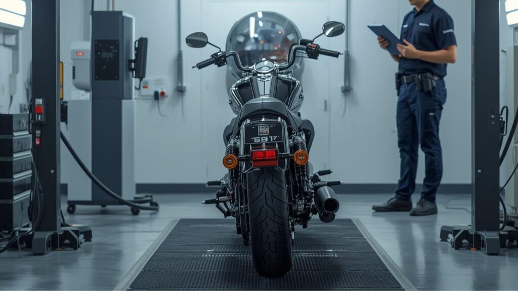 ハーレーのインジェクションで三拍子にカスタムした後の車検を考慮し、公的基準に適合するか排気系や音量の項目をプロの視点で確認している整備工場の様子。