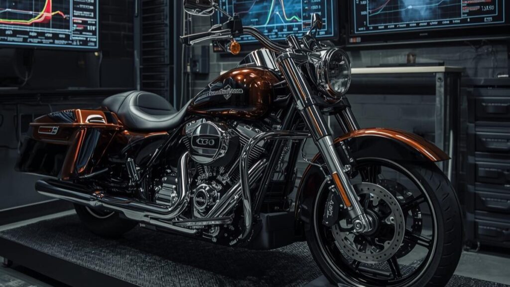 ハーレーのインジェクションで三拍子を実現するための費用と価値をイメージし、専用のダイノマシン上で高度なコンピューターチューニングを行うプロショップの風景。