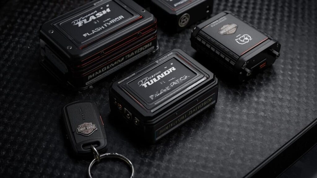 ハーレーのインジェクションで三拍子のセッティングに使用される、最新のフラッシュチューナーや電子デバイスなどの専用キット。