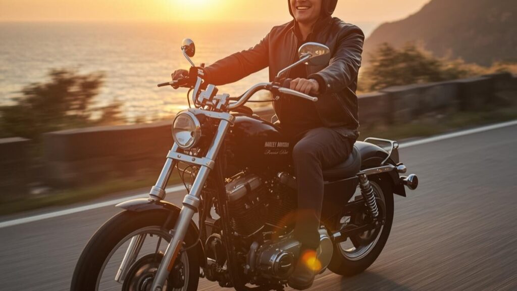 夕暮れの海岸線を、ハーレーのインジェクションで三拍子の鼓動を楽しみながらゆったりと走行する60代の日本人男性ライダー。
