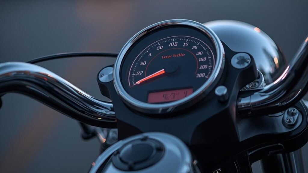 ハーレーのインジェクションで三拍子を刻むための、アイドリング回転数を緻密に管理するデジタルメーターとハンドル周りのクローズアップ。