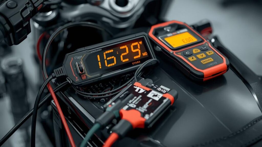 ハーレーのインジェクションで三拍子を追求する際の故障リスクを未然に防ぐため、テスターを使用して電装系の電圧やバッテリーの状態を精密に測定している光景。
