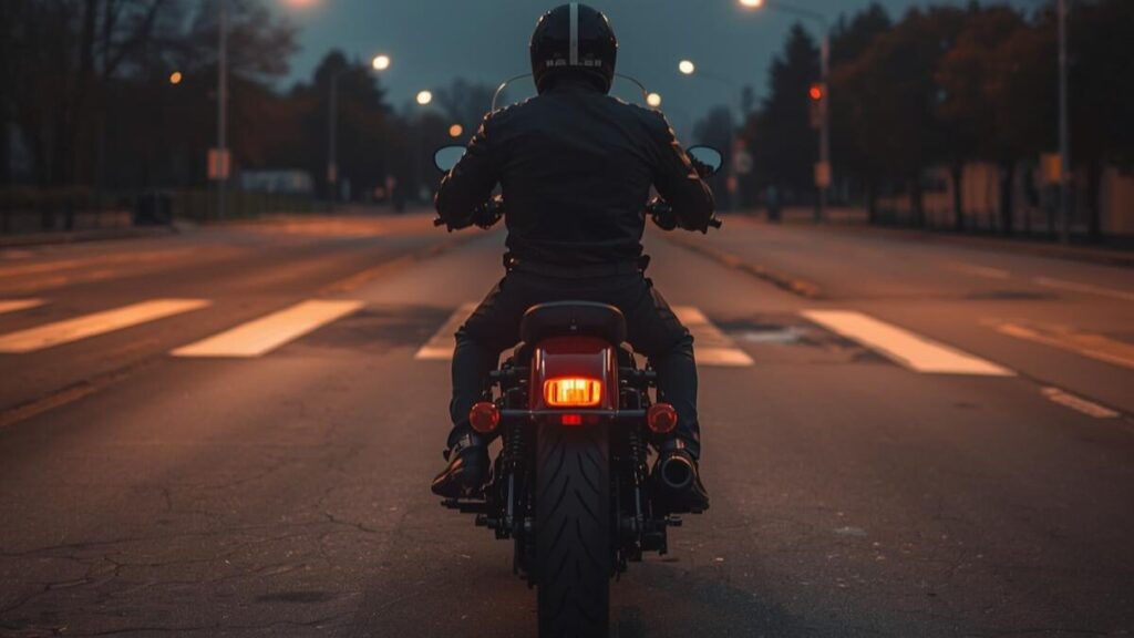 ハーレーのインジェクションで三拍子のためにアイドリングを下げすぎた際の状態を想定し、静かな夜の街角で信号待ちをするライダーとオートバイの情緒的な雰囲気。