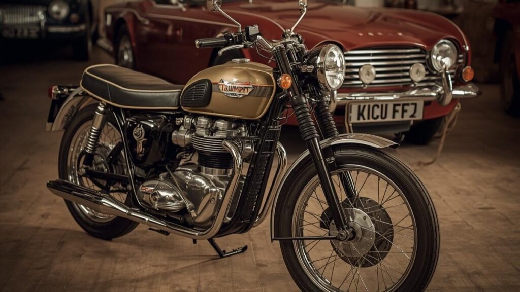 歴史を感じさせるガレージに並ぶ名車たち。トライアンフはどこの国の歴史においても特別な存在である、バイクと自動車の両部門が残した偉大な足跡を視覚化しました。