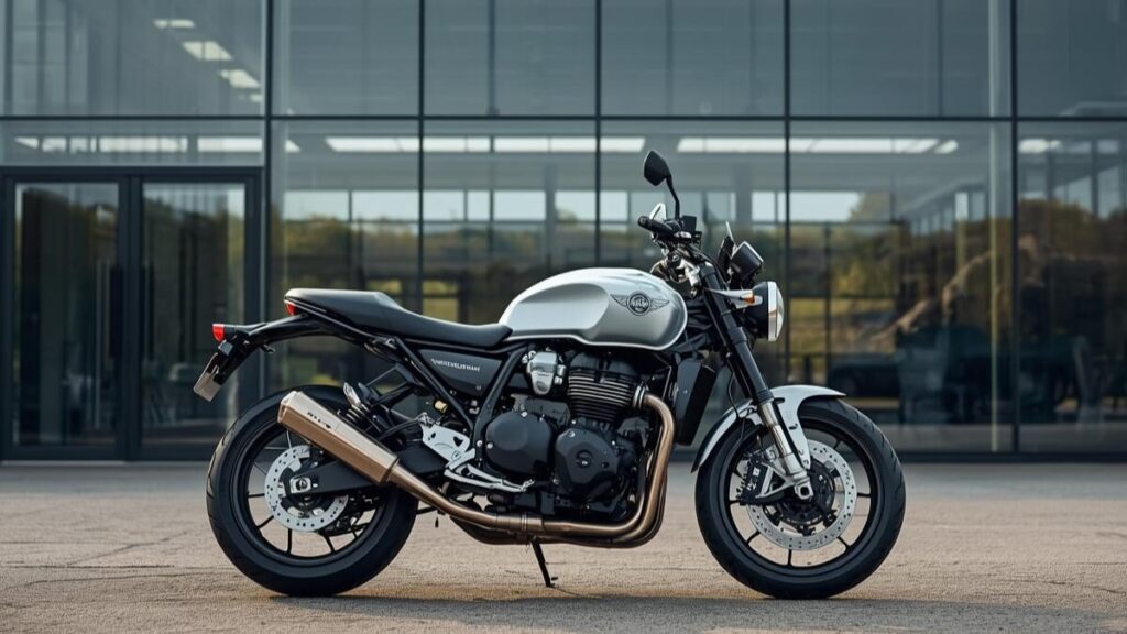 現代的な本社ビルを背景に孤高の輝きを放つ最新バイク。トライアンフはどこの国の巨大資本にも属さず、独立系メーカーとして独自の道を歩んでいる現状を伝えます。