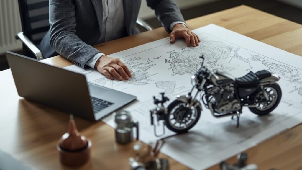 戦略的な経営をイメージしたビジネスシーン。トライアンフはどこの国とも資本提携に頼らず、独自のグローバル戦略でブランド価値を高めている背景を説明します。