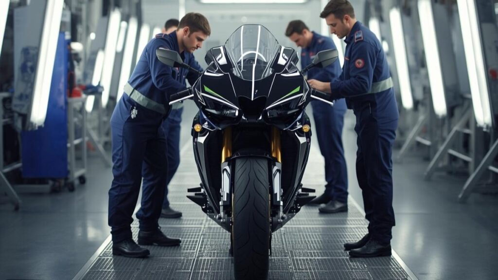イギリスとタイの自社工場で精密に組み立てられるバイク。トライアンフはどこの国で生産されているのか、そのグローバルな製造体制と品質管理の様子を表現しています。