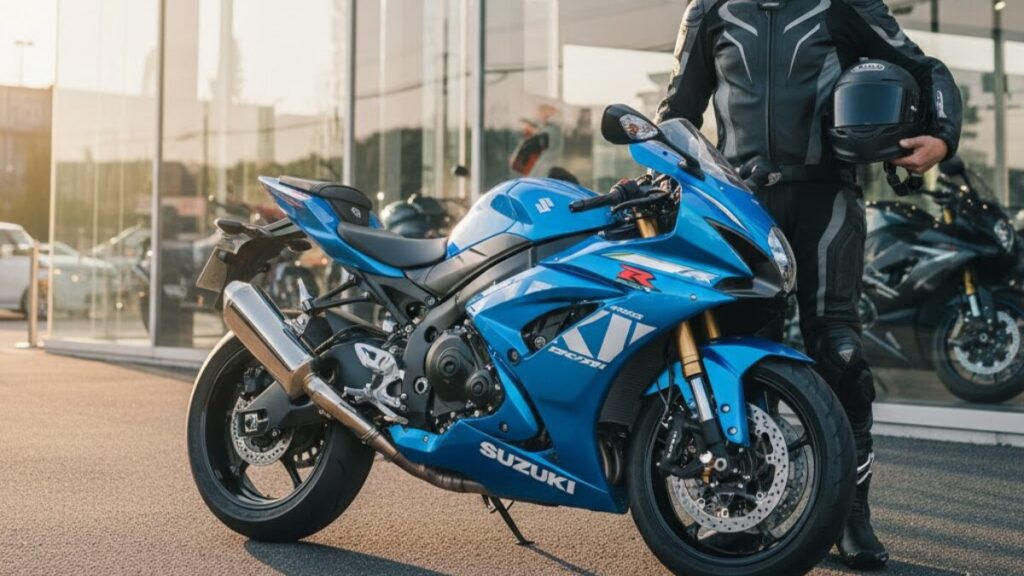 スズキのバイクの新車はどこで買うか検討している50代の日本人男性が、明るい光が差し込む正規販売店の前で、納車されたばかりの新しいバイクと並んでいる様子。