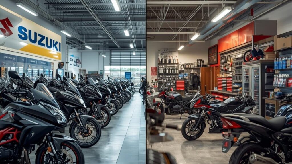 スズキのバイクの新車はどこで買うかの判断基準となる、洗練された正規ディーラーと地域に密着した一般販売店の外観や雰囲気の違いを比較したイメージ画像。
