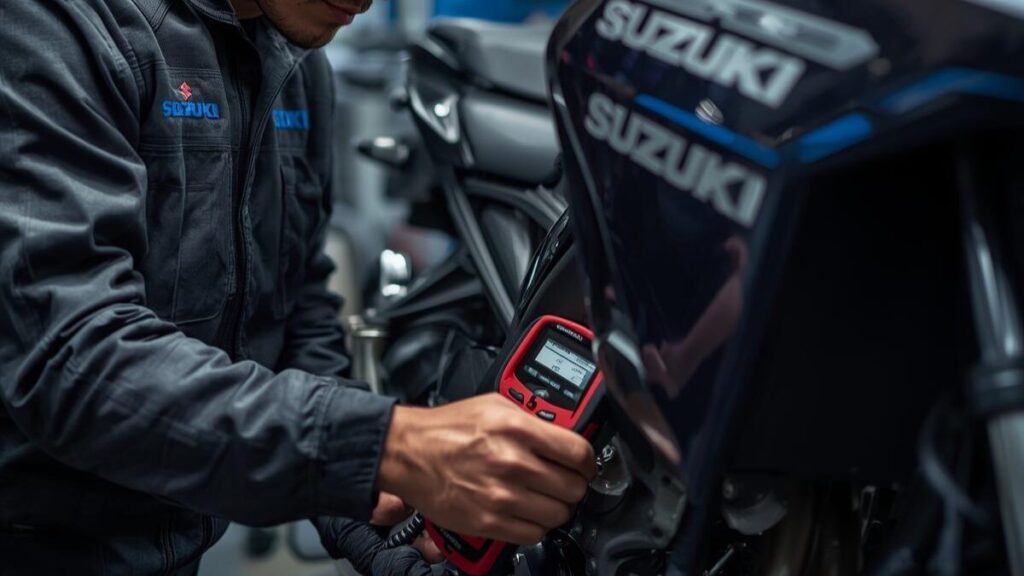 スズキのバイクの新車はどこで買うか迷う方に向けて、専用の診断機を使用して正規ディーラーで精度の高いメンテナンスを受ける安心感を描写したカット。