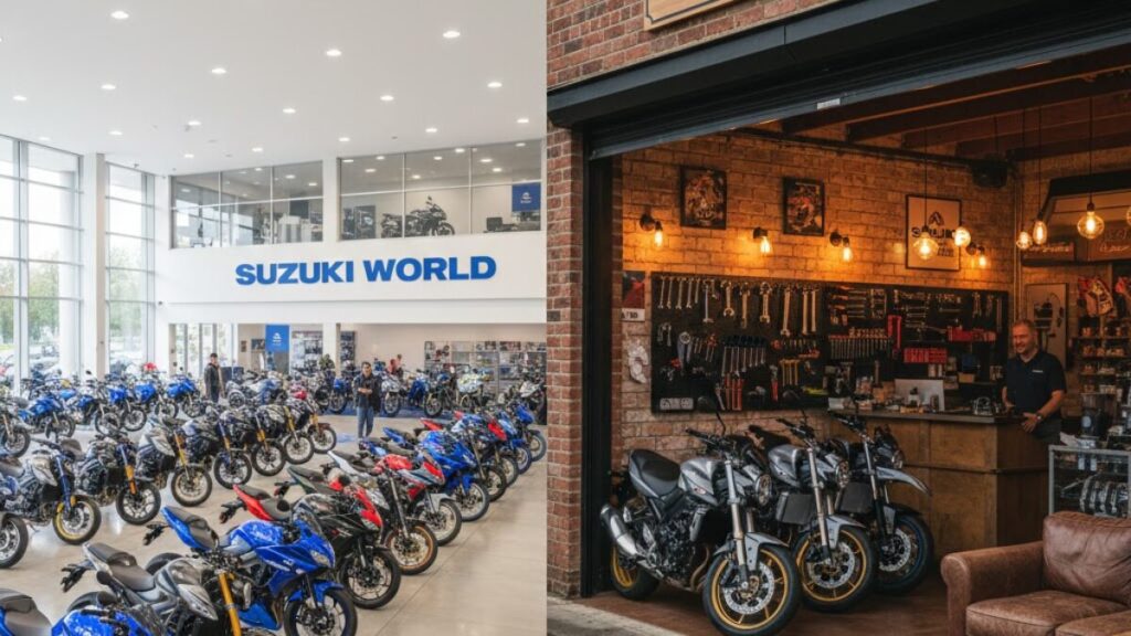 スズキのバイクの新車はどこで買うかの選択肢である、広大な在庫を誇るスズキワールドと、店主との距離が近い地域密着型のSBSそれぞれの店舗イメージ。