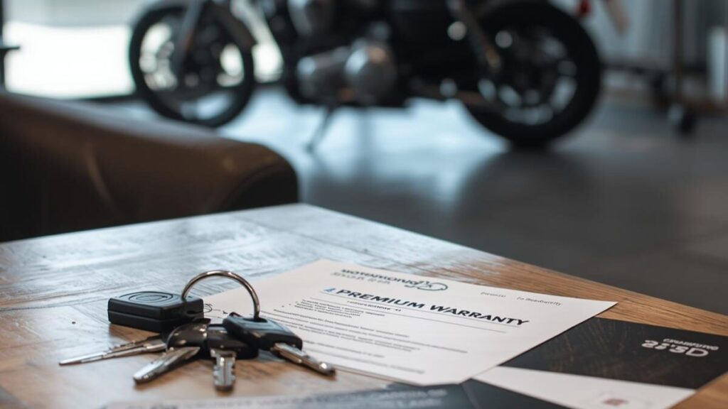 スズキのバイクの新車はどこで買うか決める際に重要な、長期保証や立ちゴケ保証、ロードサービスなどの充実した購入特典を象徴する書類と鍵のイメージ。