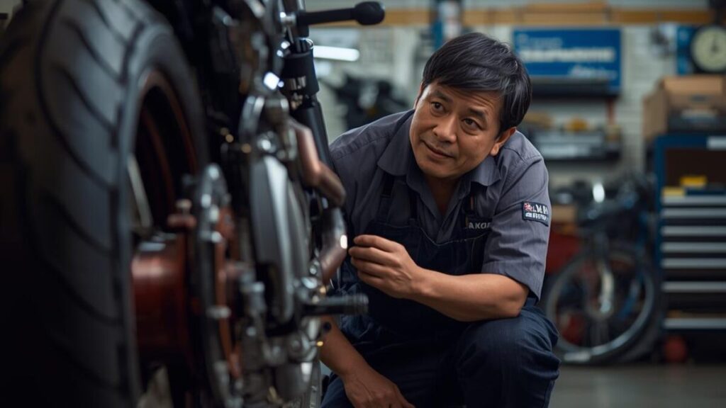 スズキのバイクの新車はどこで買うか決めた後も安心できるよう、認証工場のクリーンなピットで整備士が丁寧にバイクの点検修理を行っている様子。