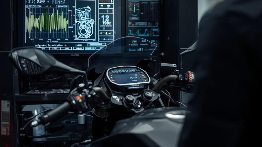 スズキのバイクの新車はどこで買うか検討する際に重要な、専用診断機を用いた高度な故障診断とメーカー基準の整備を提供する正規サービスセンターの風景。