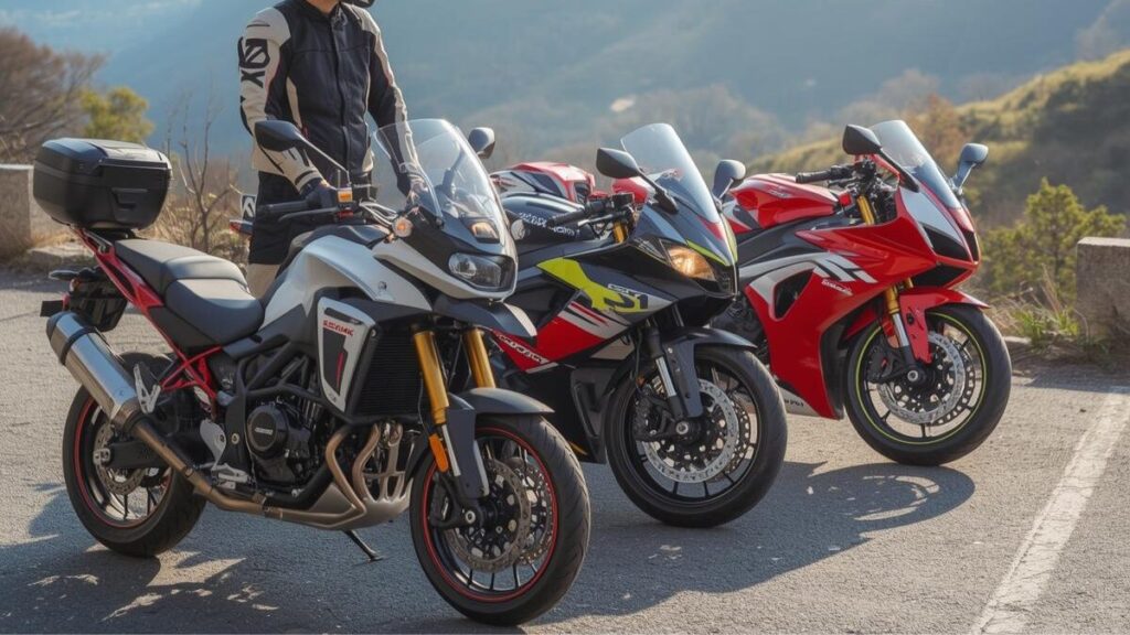 スズキのバイクの新車はどこで買うか選ぶ参考に、ツーリング先で多くのライダーに支持されている人気モデルが並んでいる爽やかな風景。