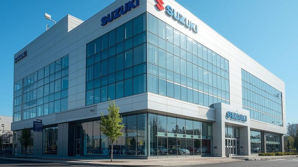 スズキのバイクの新車はどこで買うか迷うユーザーに安心感を与える、安定した経営基盤とブランドの信頼性を象徴する青空の下のモダンな店舗外観。