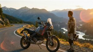 美しい山岳地帯の景色を背景に佇むアドベンチャーバイクと50代男性ライダーの風景。BMW G310GSの評価や総合的な評判を解説する記事のイメージ画像です。
