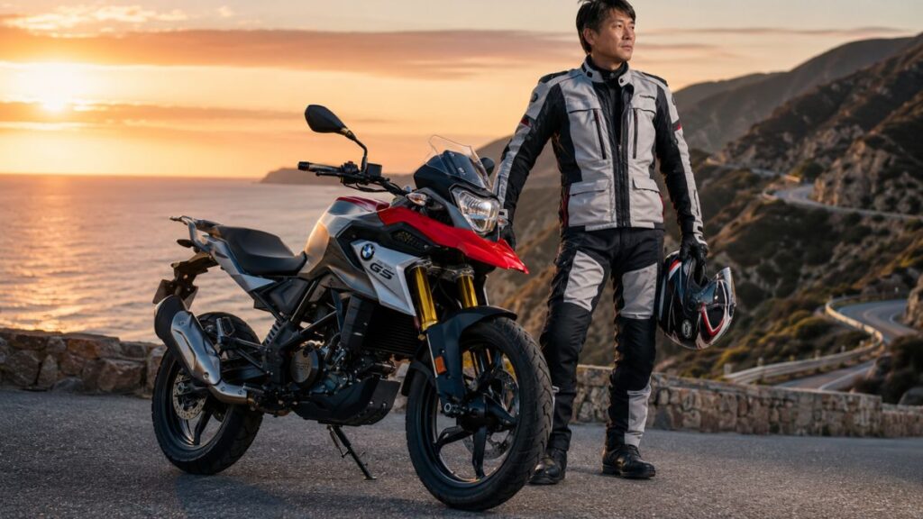 夕暮れの海岸沿いに停車するBMW G310GSと、40代の日本人ライダー。アドベンチャーバイクの風格漂うアイキャッチ画像。