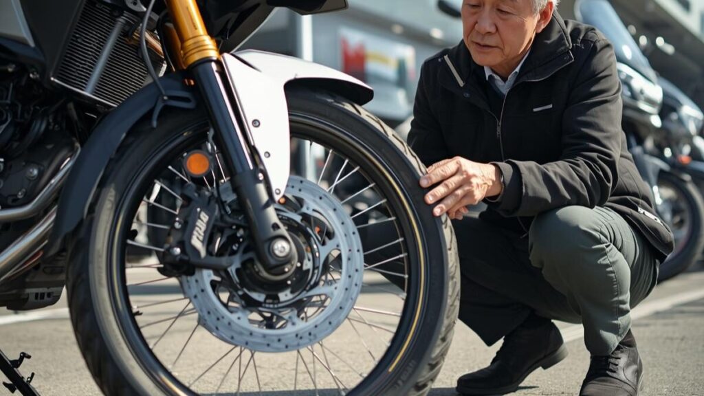 ショップでアドベンチャーバイクのフロント周りや足回りを丁寧に確認する60代男性。中古車選びの視点からBMW G310GSの評価を解説する画像です。