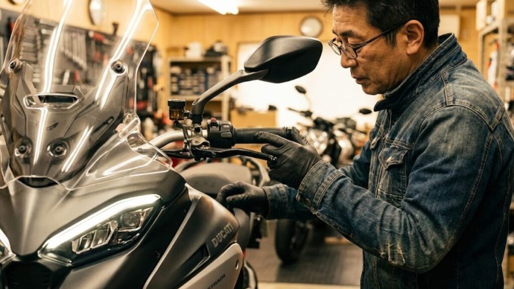 ガレージでアドベンチャーバイクのLEDヘッドライトなどの細部を確認する50代男性。モデルチェンジによる変更点からBMW G310GSの評価をまとめたイメージです。