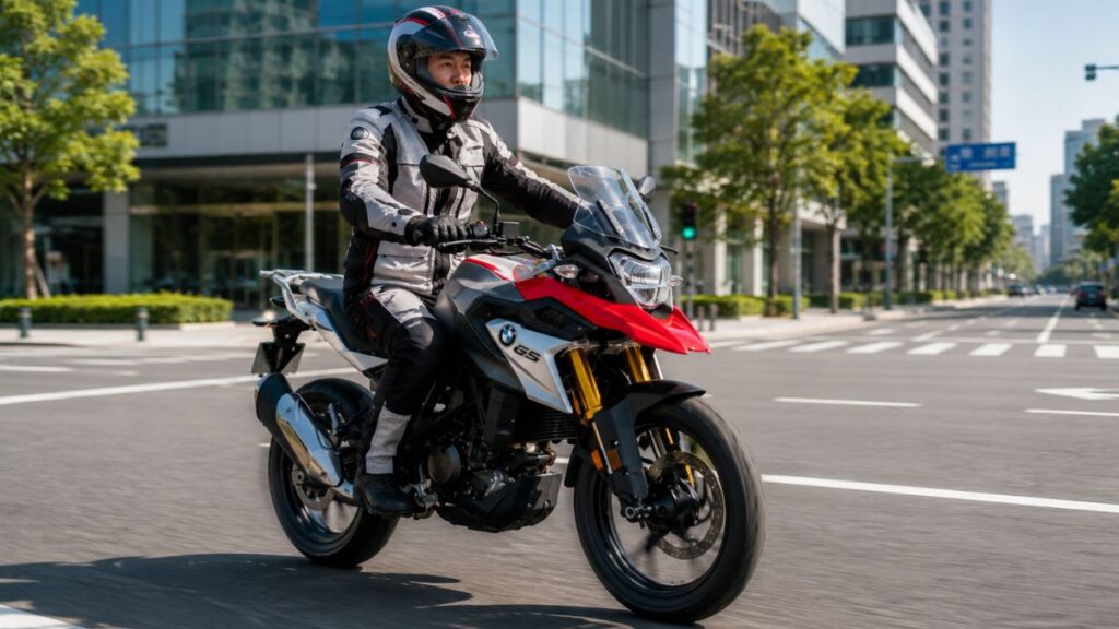 市街地を軽快に走行するBMW G310GS。アップライトな姿勢で初心者にも扱いやすいライディングポジションのイメージ。