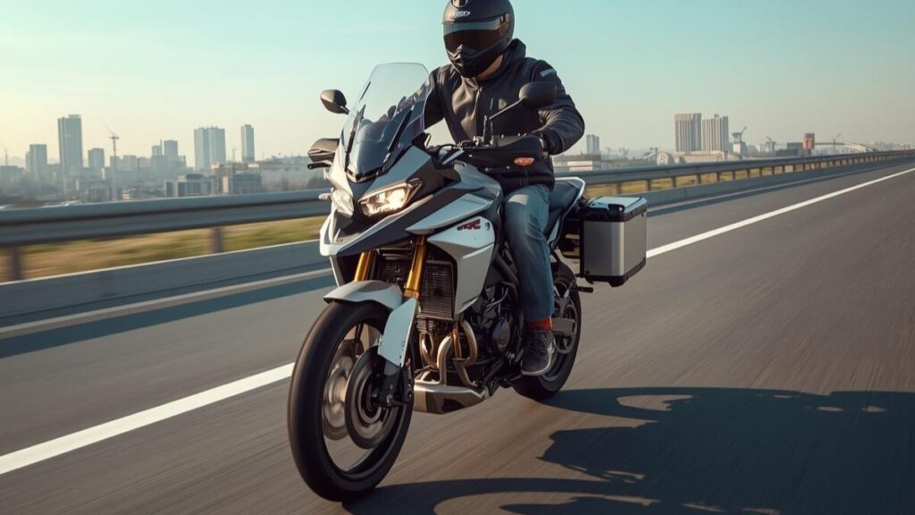 晴天の高速道路を安定した走りで巡航する50代男性ライダーのアドベンチャーバイク。高速道路での走行性能に関するBMW G310GSの評価を解説するイメージ画像です。