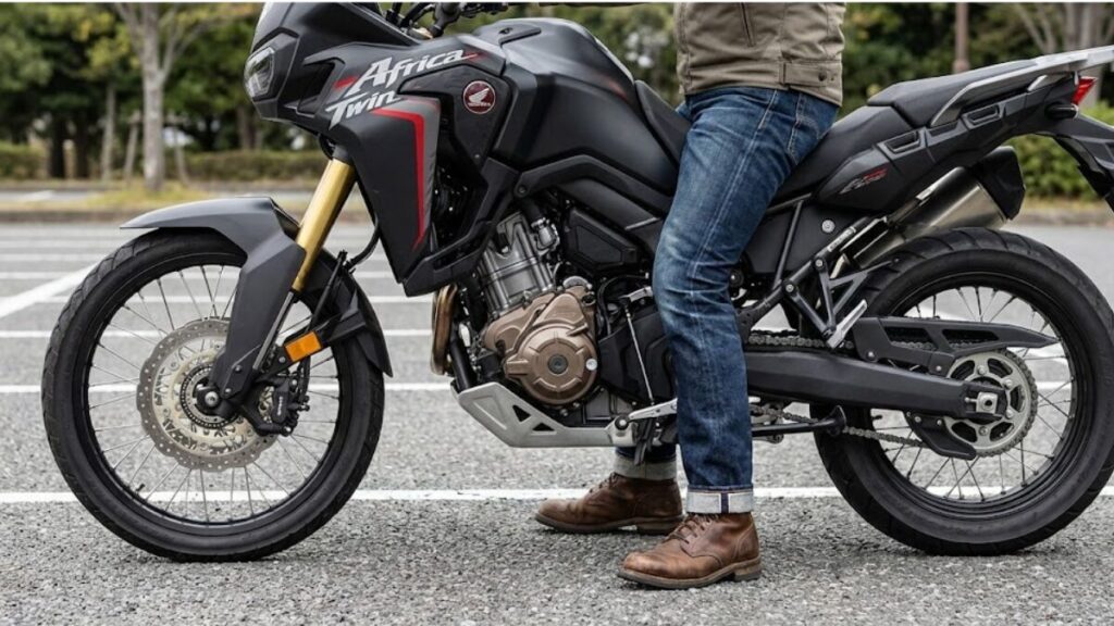 舗装された駐車場でアドベンチャーバイクに跨り足つきを確認する50代男性の様子。シート高や身長別の足つき性に関するBMW G310GSの評価を伝えるイメージ画像です。